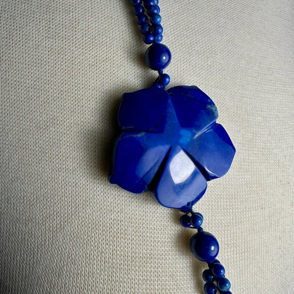 NEW Long Lapis Necklace with a Carved Flower Accent - Picture 6 of 7